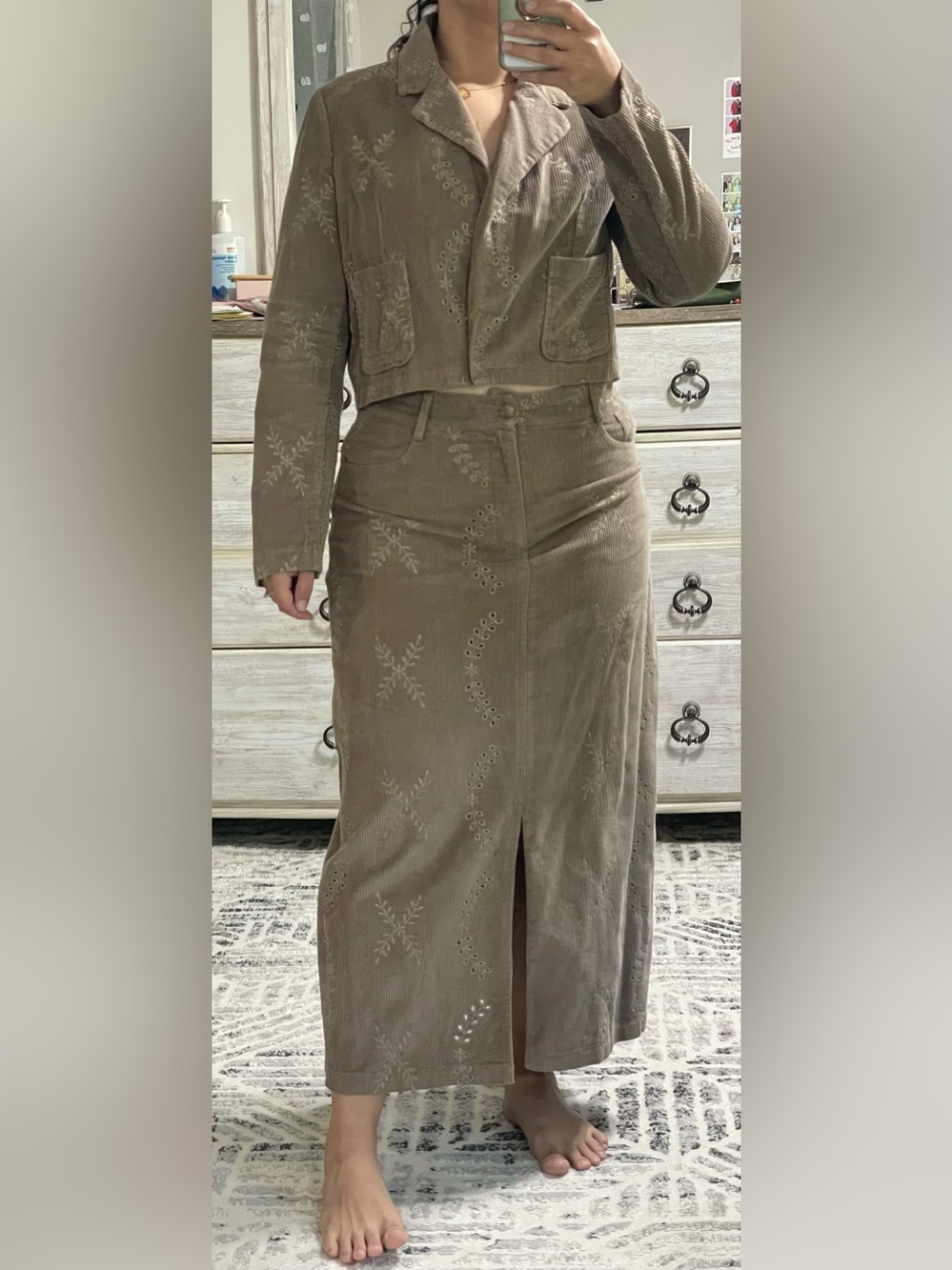 Embroidered Corduroy Maxi Skirt and Crop Jacket set